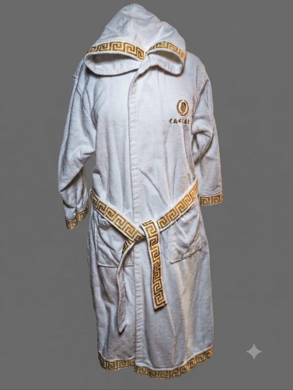 Caesars Palace Las Vegas White Gold Greek Key Hooded Plush Bath Robe Belt M